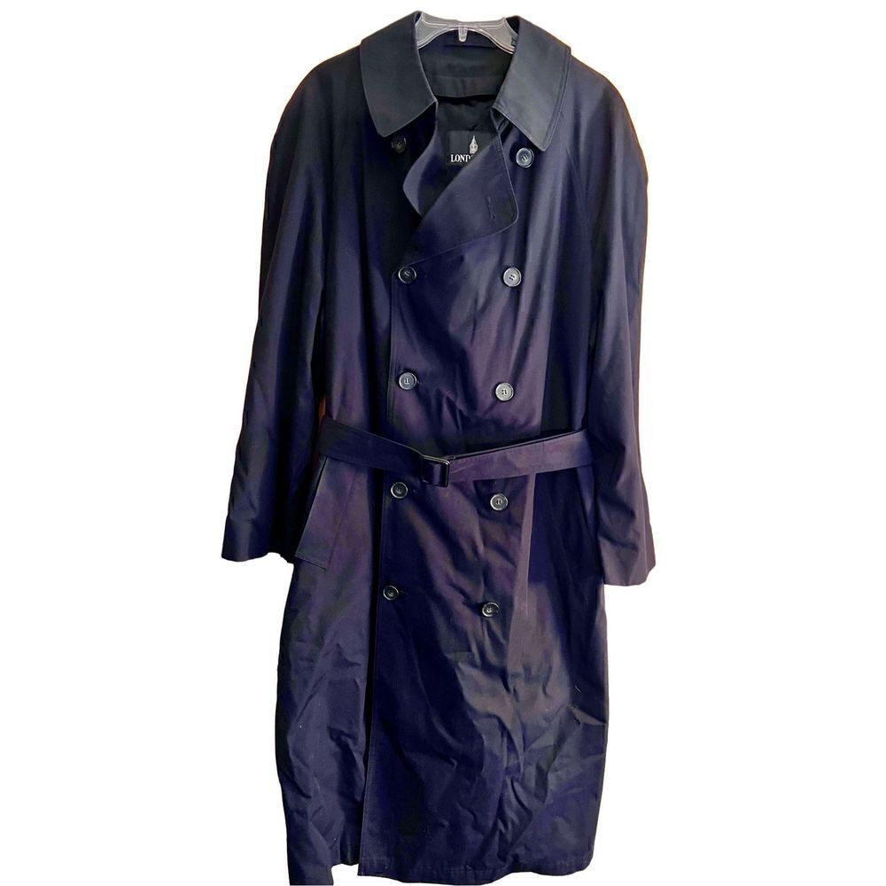 London Fog Trench Coat Mens Navy Blue Sz 38S Made In USA